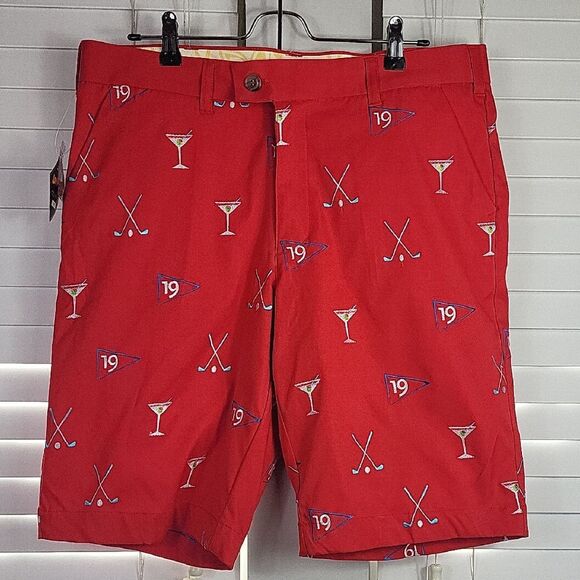 Loudmouth 19th hole stretchrech Red Golf Shorts with Embroidered Clubs. Size‎ 34